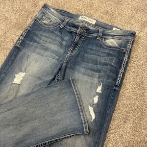 BKE Payton Bootcut Jeans 36X31 Blue Distressed Embroidered Contrast Stitch Denim